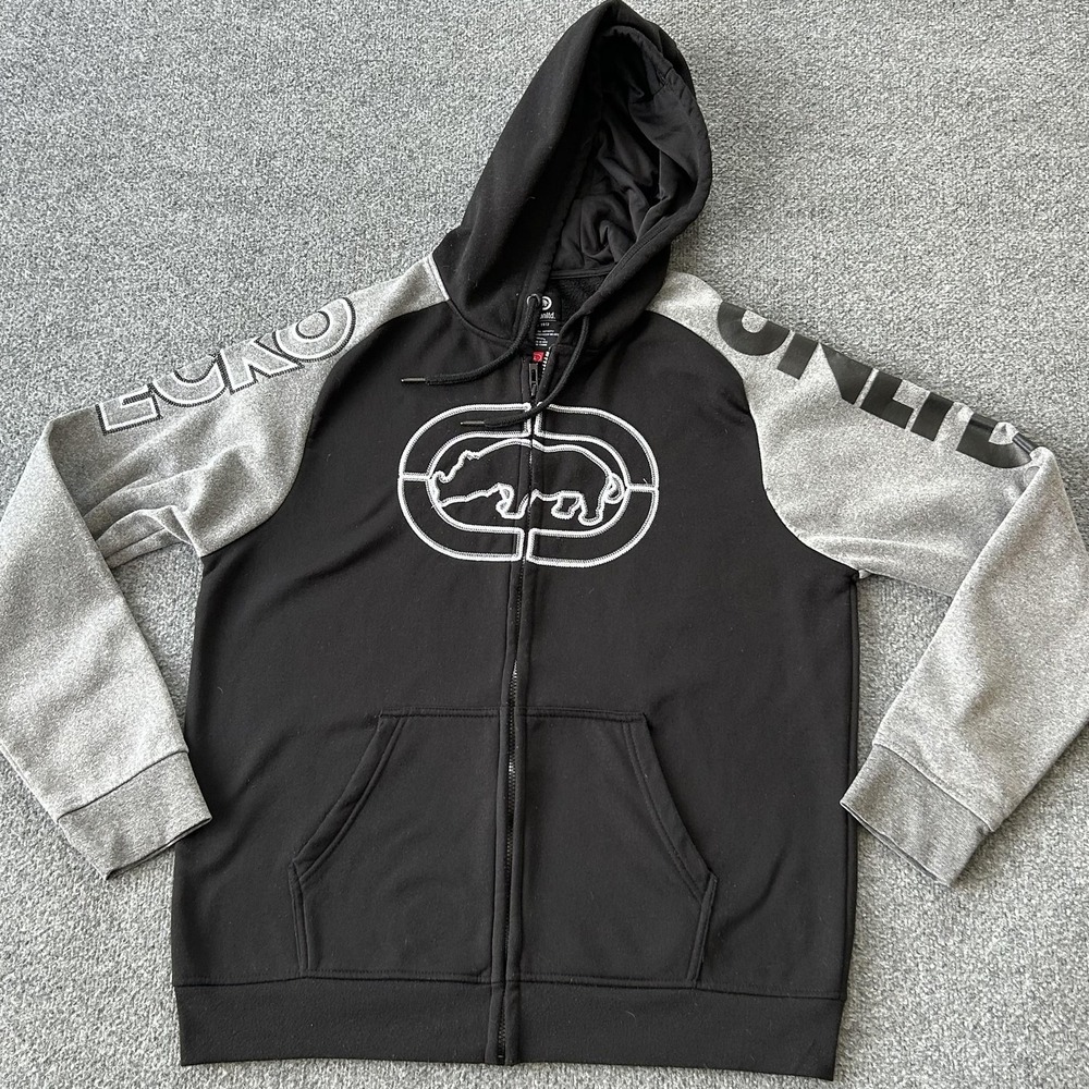 Ecko Unltd Hoodie Mens Large Black Gray Rhino Logo Full Zip Sweatshirt Fleece - Picture 1 of 9